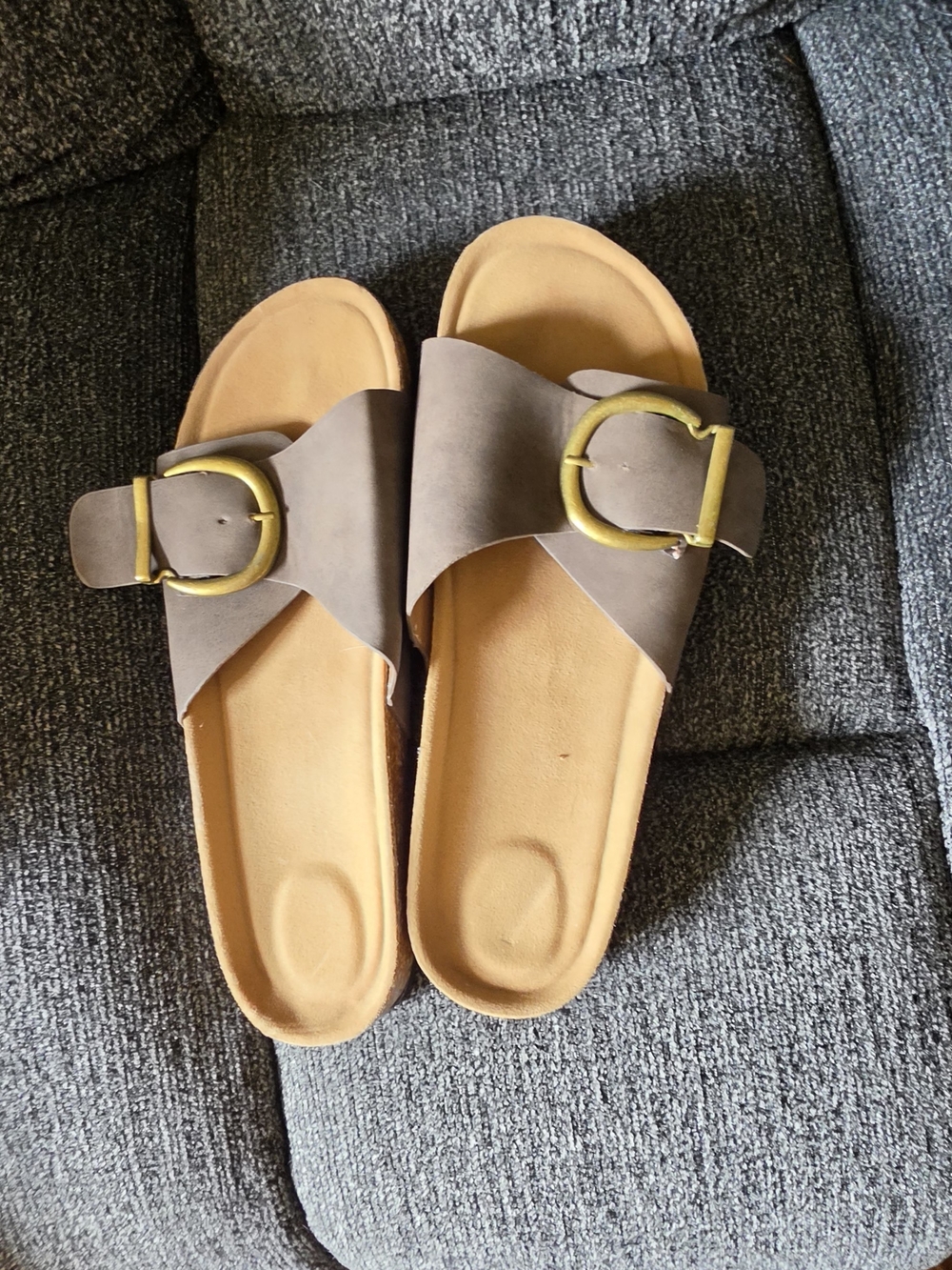 SHEIN Taupe Slide Sandals with Gold Buckle